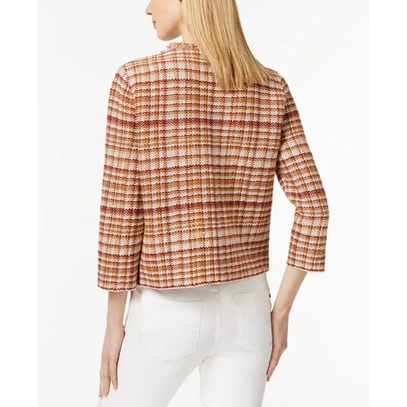 Weekend MaxMara Tilly Tweed Open Front Blazer Fringe Trim Flax Linen Plaid S - Picture 2 of 9